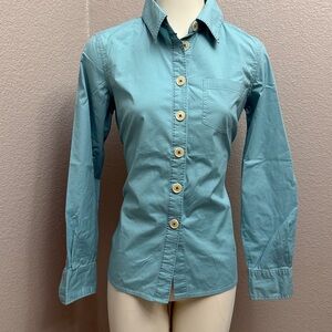 Boden Women Button Down Long Sleeve Big Buttons Blue Stitch Top Light Blue Sz 10